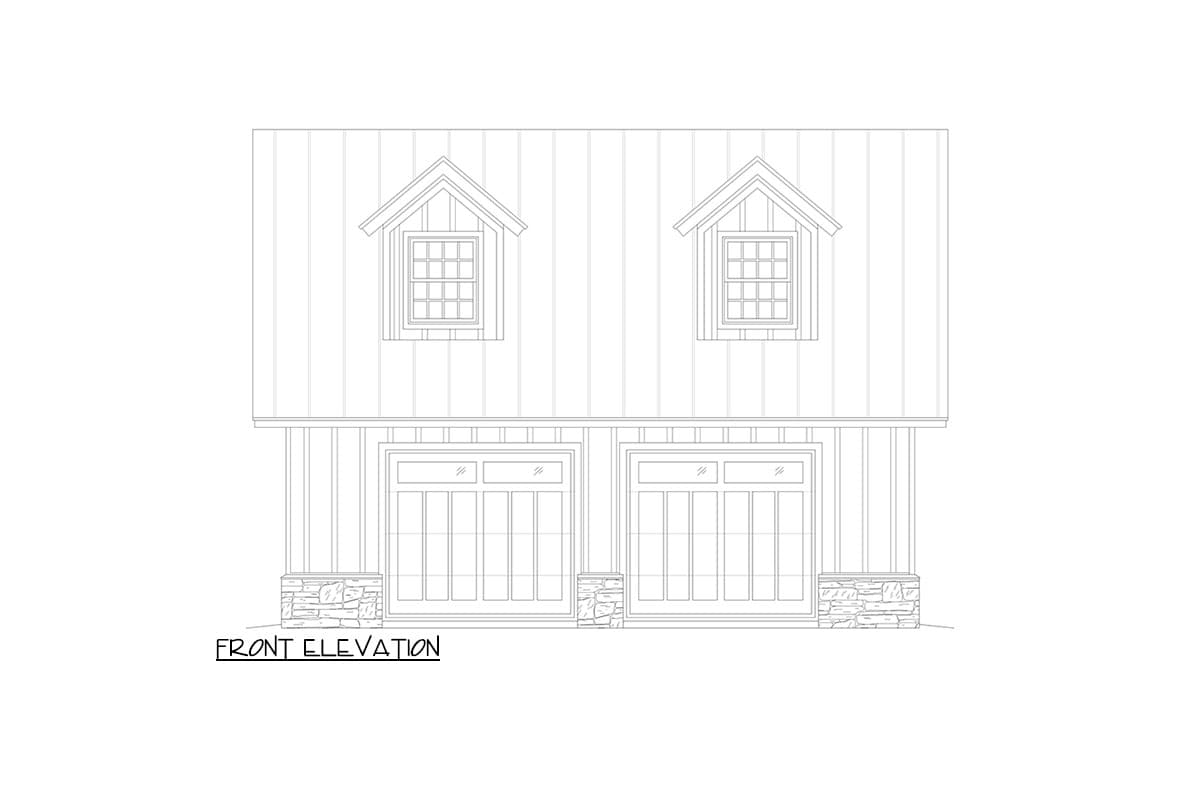 Front elevation drawing of a house plan with two garage doors and two gable dormers with windows.