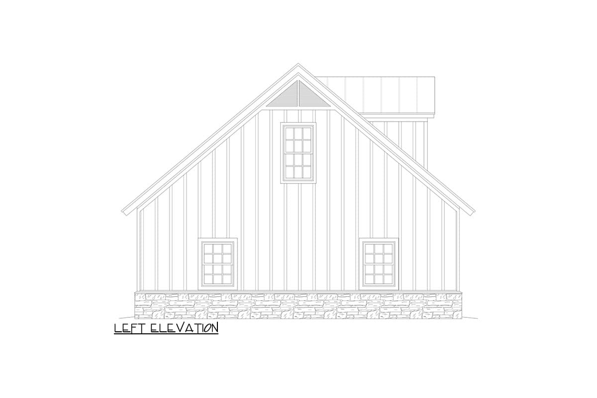 Left elevation drawing of a house plan featuring vertical siding, three windows, a gable vent, and a stone foundation.