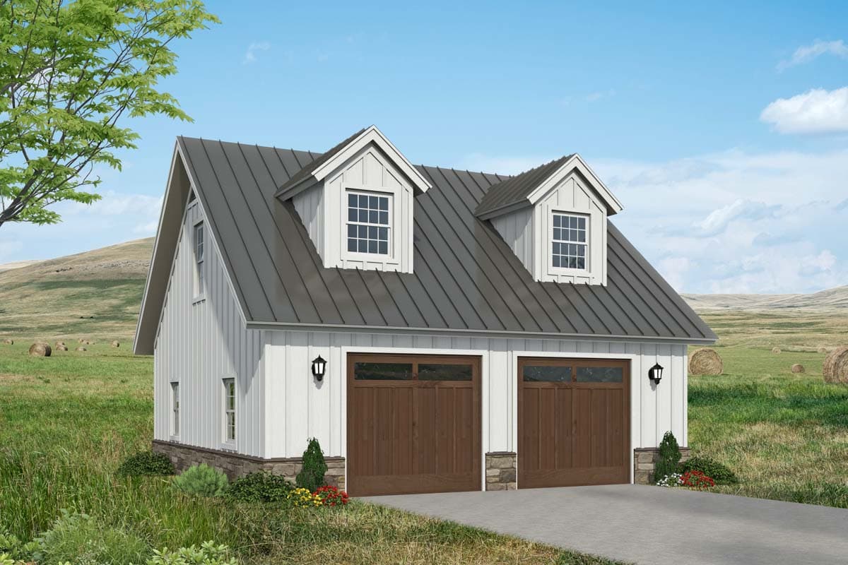 House plan exterior. Two-story structure with two dormers, a metal roof, and two garage doors. The facade has vertical siding and stone accents.