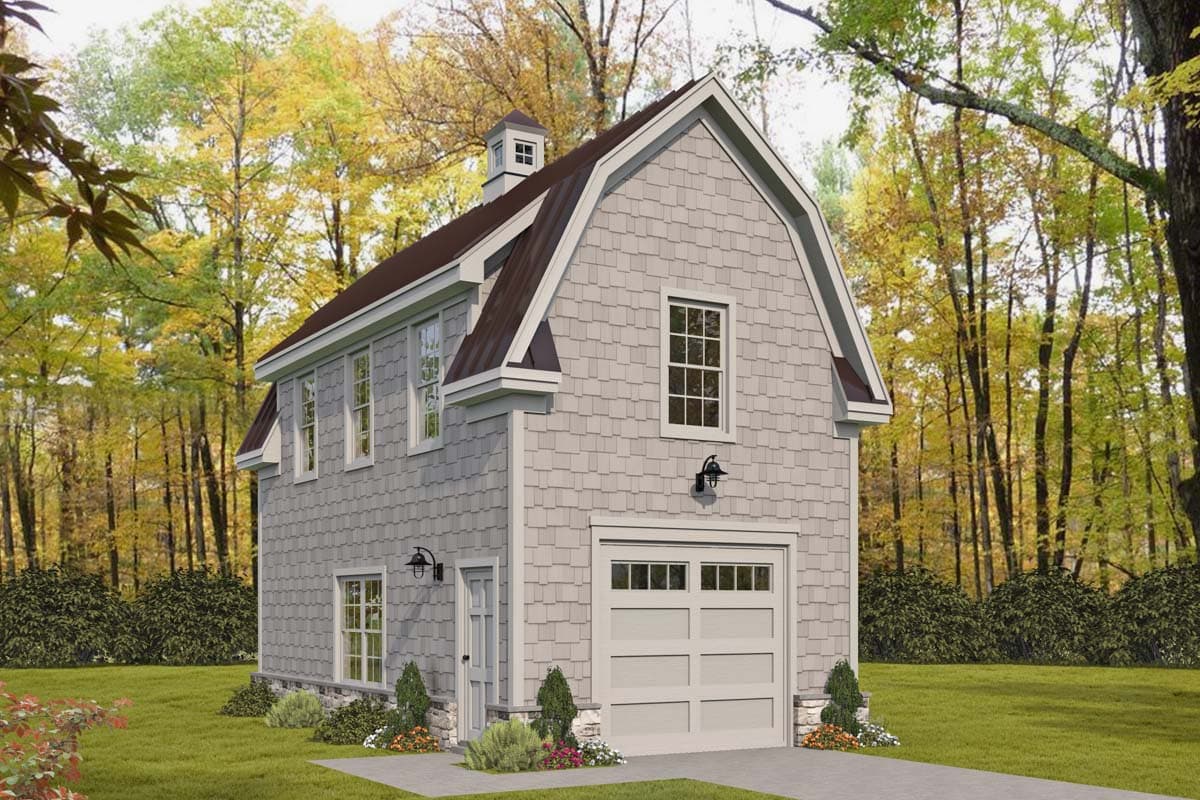 House plan exterior, two-story structure with gable roof. Features include dormers, a garage door, and a small cupola. Shingle siding is visible.