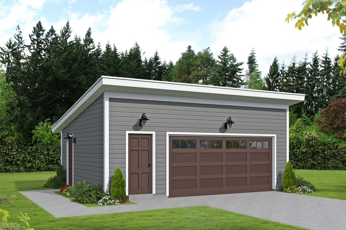 House plan exterior with a single-story garage. Features include a flat roof, horizontal siding, overhead garage door, and a pedestrian door.