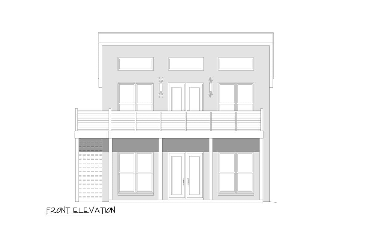 Front elevation drawing of a two-story modern house with horizontal siding, a second-story balcony, and multiple windows.
