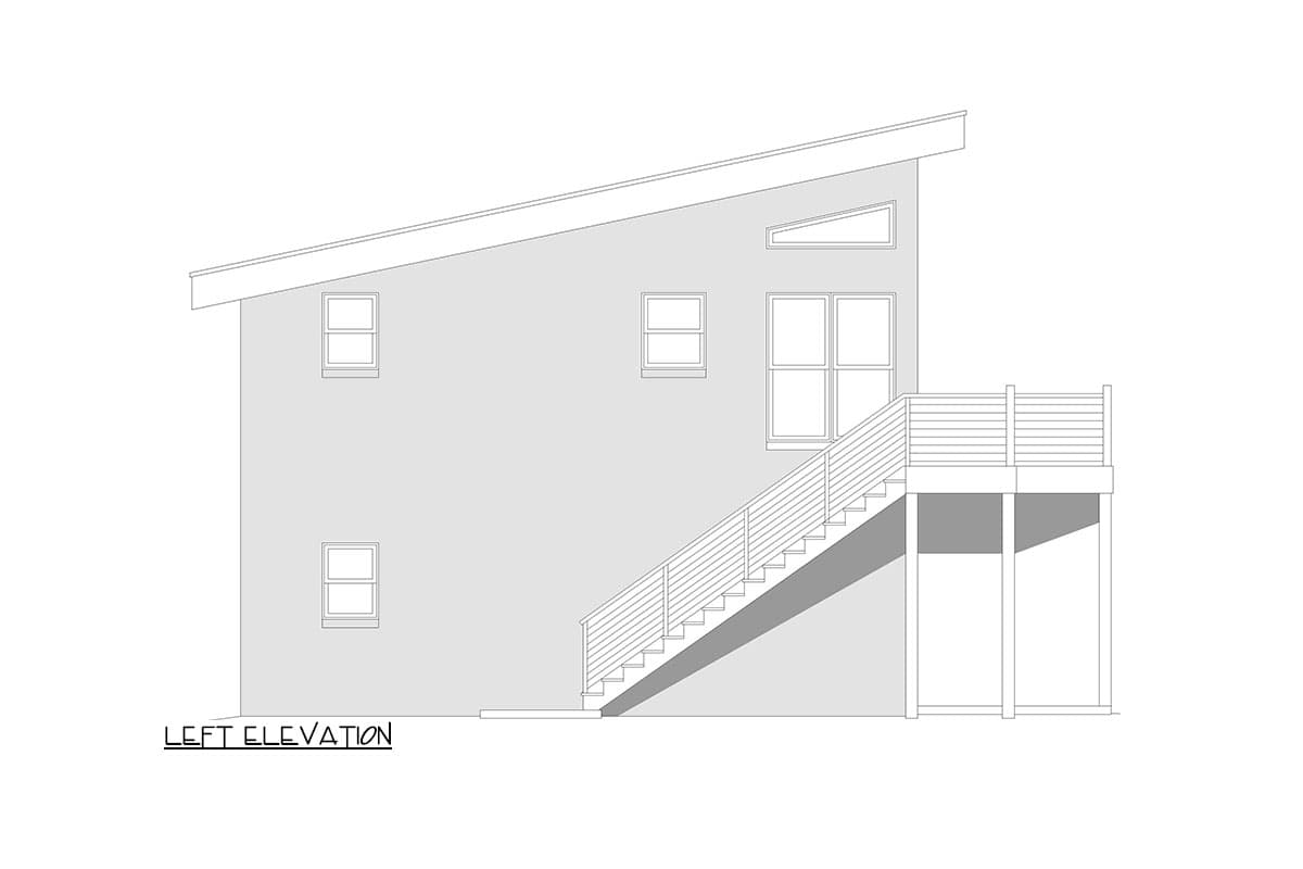 Left elevation drawing of a two-story house with a sloped roof, multiple windows, and an elevated deck with stairs.