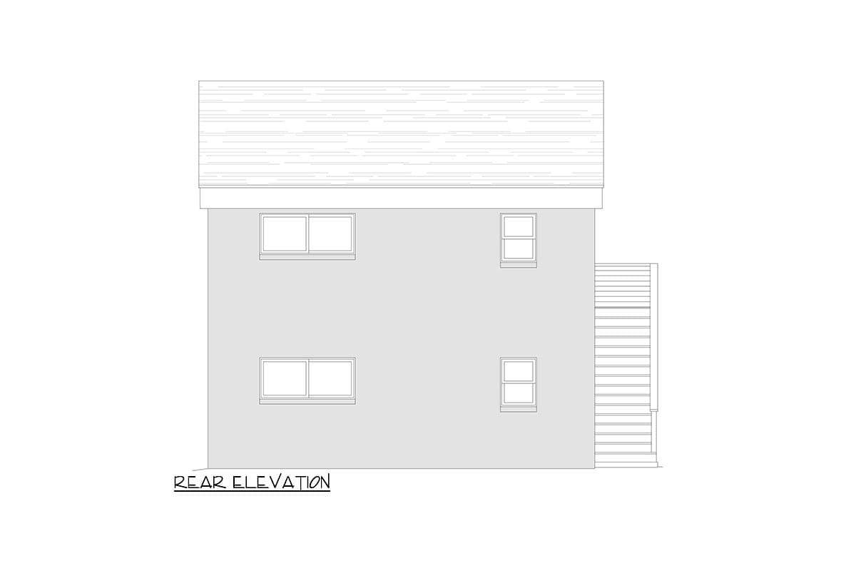 Rear elevation drawing showing two stories, four windows, and exterior stairs.