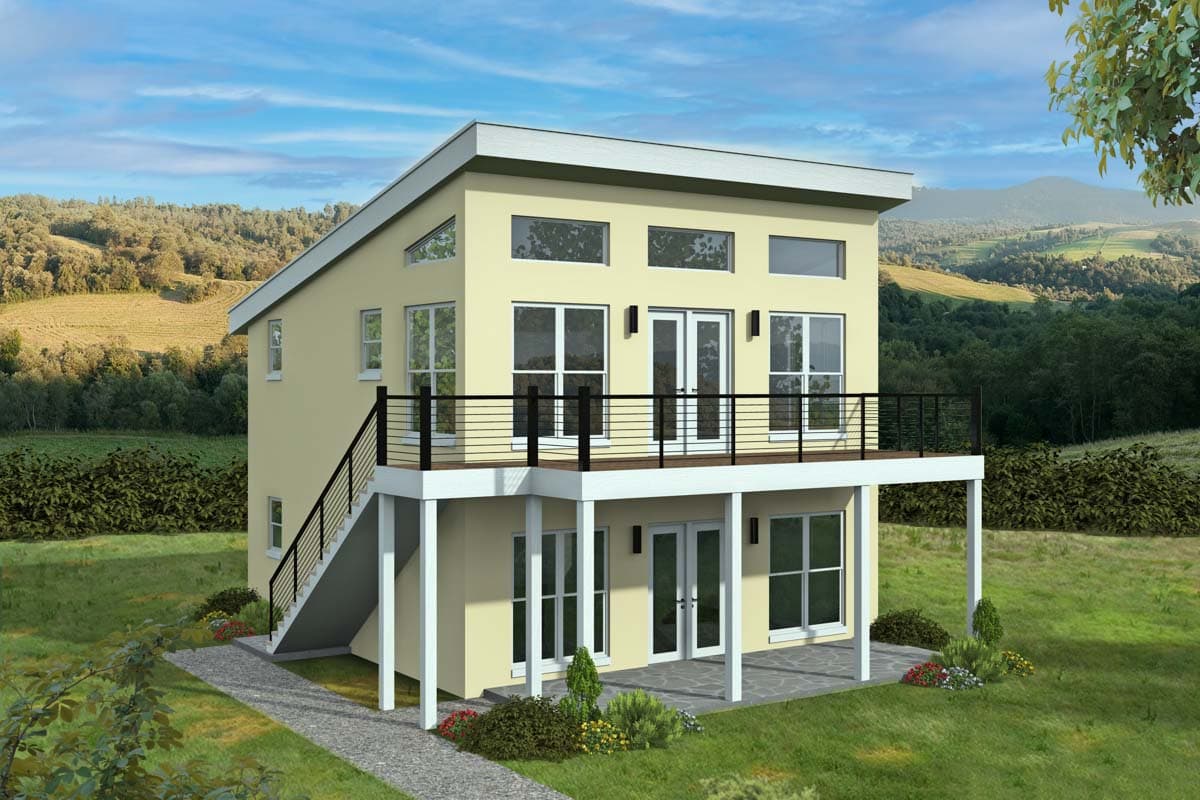 House plan exterior. Two-story, Modern style home with a flat roof, balcony, and large windows. Features include a side staircase and a covered patio.