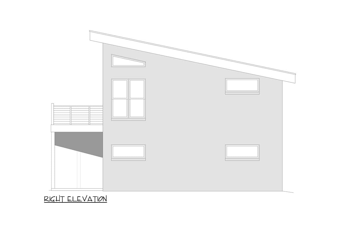 Right elevation drawing of a modern house with a sloped roof, balcony, and varied window placements.