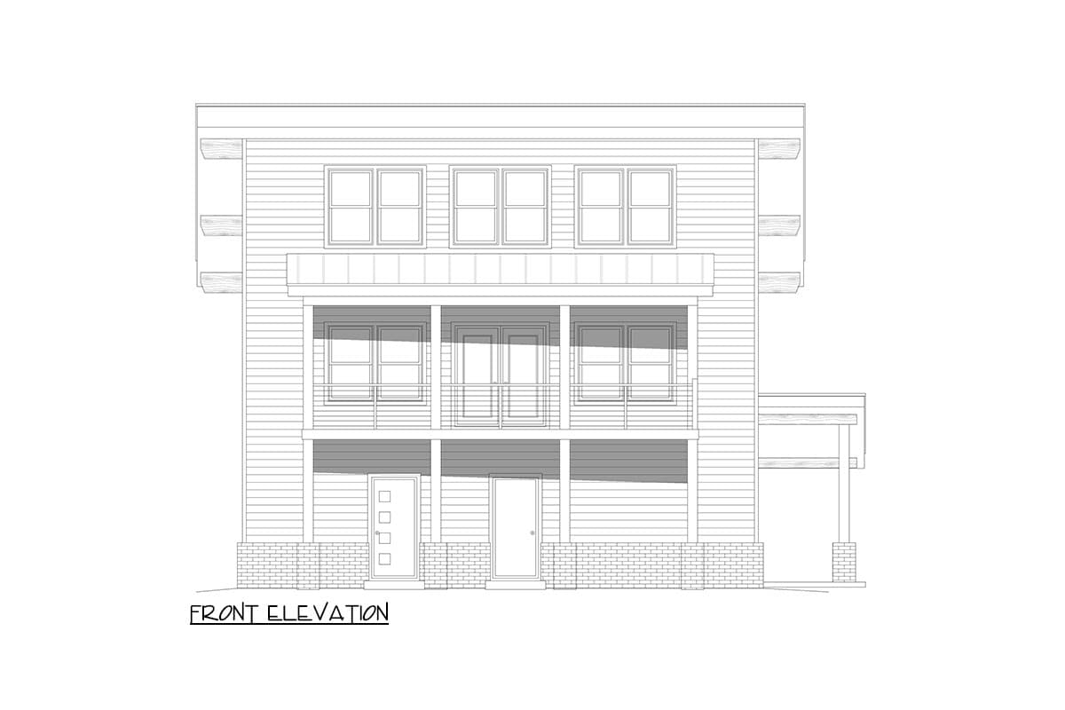 Front elevation drawing of a three-story house plan with a covered porch and three upper-level windows.
