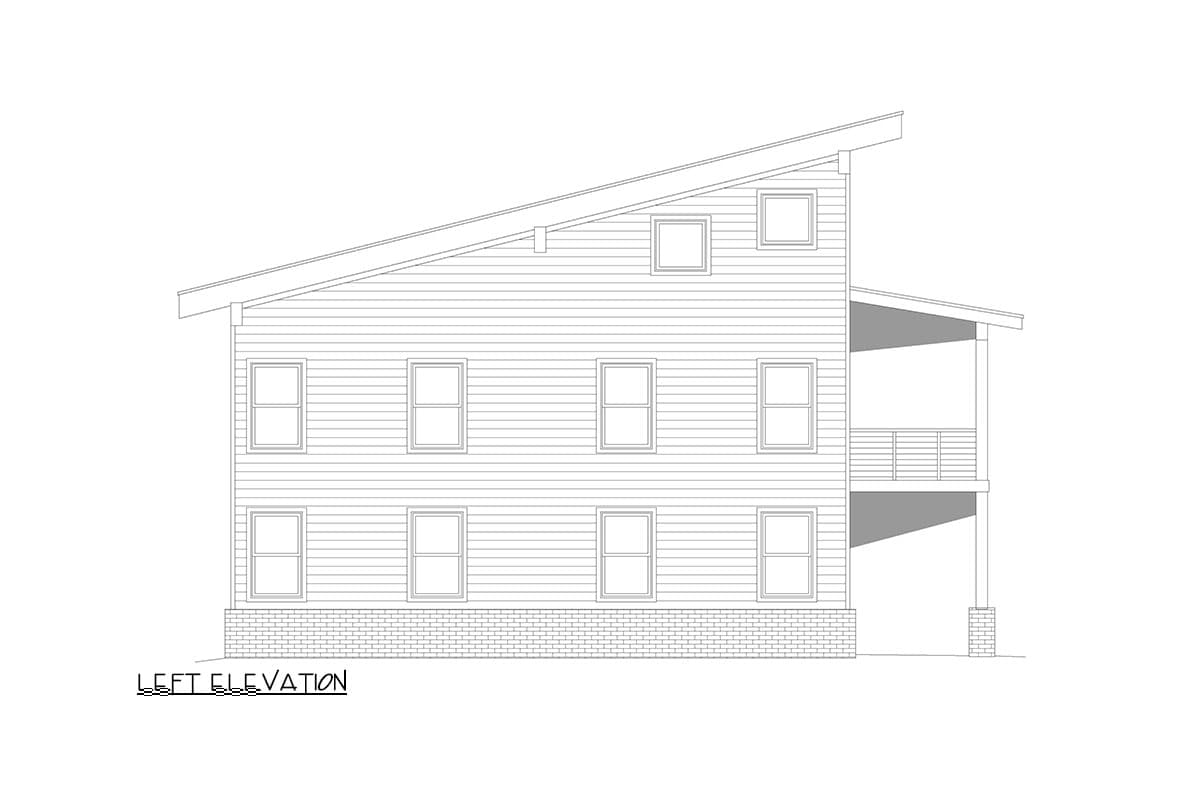 Left elevation house plan, two stories, horizontal siding, hip roof, and covered porch with railing.