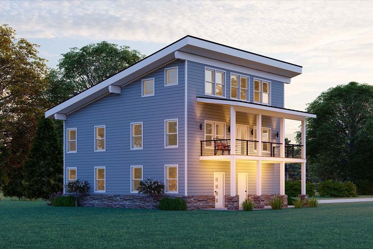 House plan exterior of a two-story Modern style home with a sloped roof, upper balcony, and stone-accented foundation.