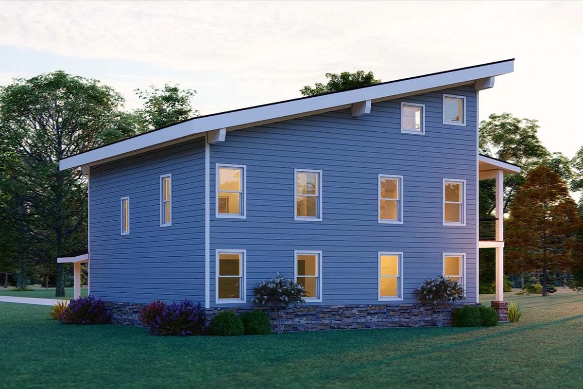 Modern house plan exterior with a two-story design, blue siding, stone base, and a prominent asymmetrical roofline.