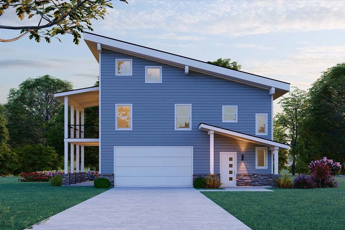 Modern two-story house plan exterior with a steeply pitched asymmetrical roofline, side-entry garage, and covered balcony.