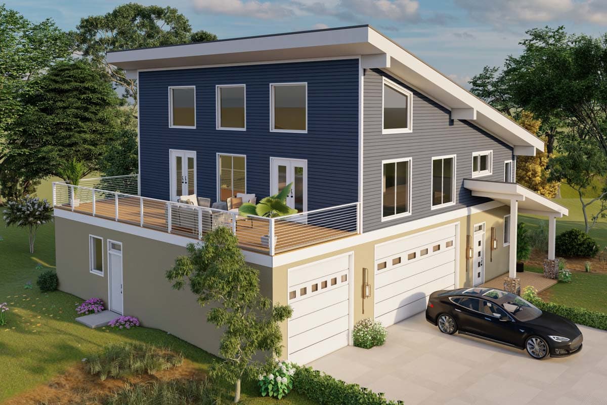 House plan exterior. Two-story Modern house with flat roof and shed roof, horizontal siding, and a deck above the garage. Features include a carport.