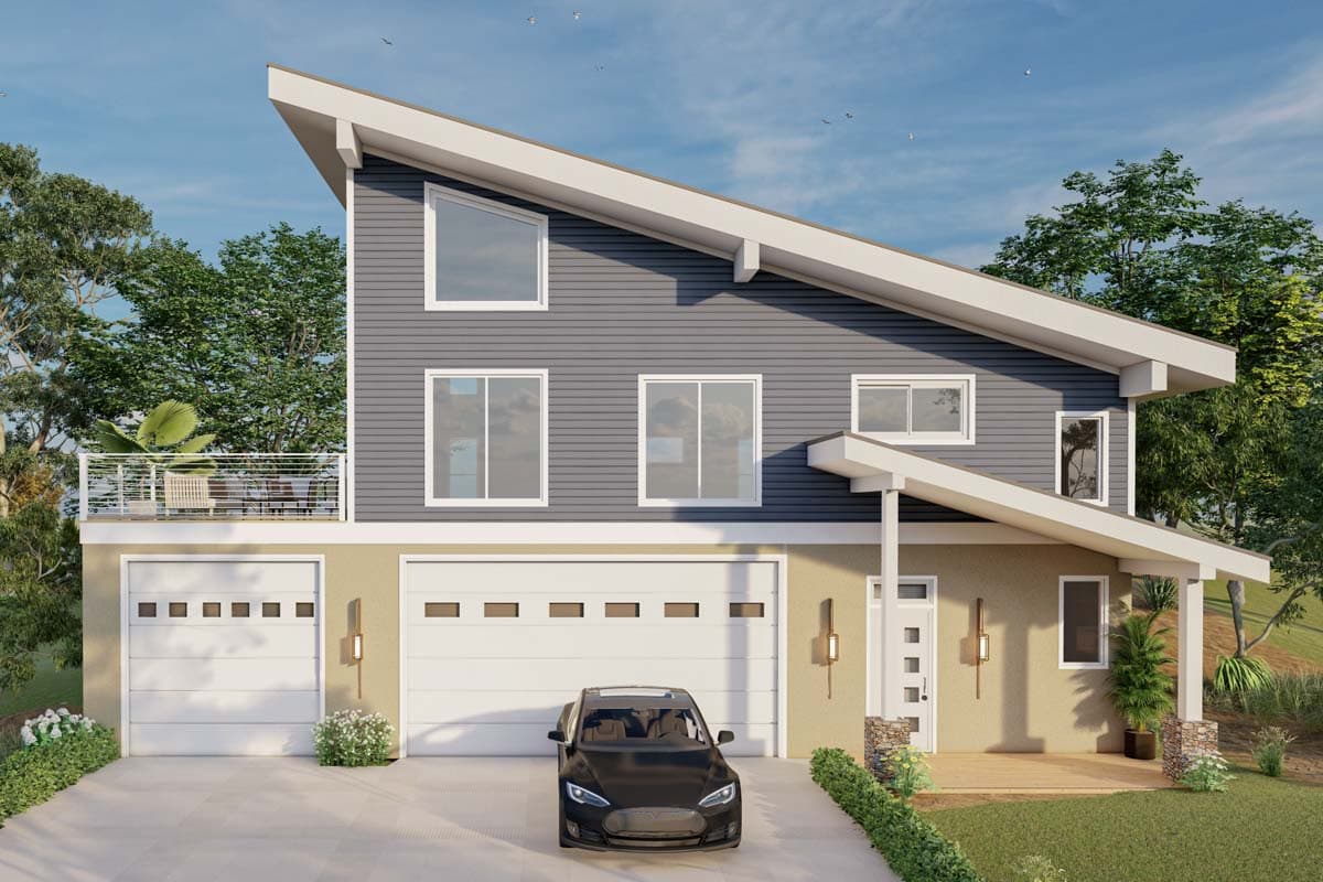 House plan exterior: Modern style, two stories, prominent asymmetrical roofline, upper-level deck, and three-car garage.
