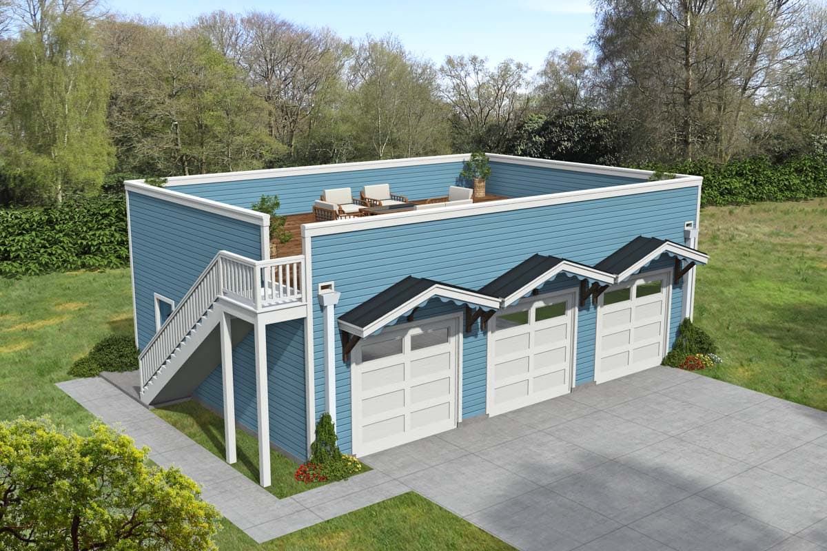 House plan exterior of a blue, 1-story building with a three-car garage, outdoor staircase, and rooftop deck.