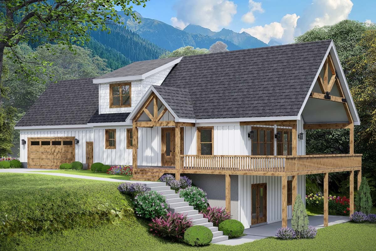 House plan exterior. Two-story Modern Farmhouse with a front-facing gable, a covered deck, and wood-toned accent beams. Garage visible on the left.