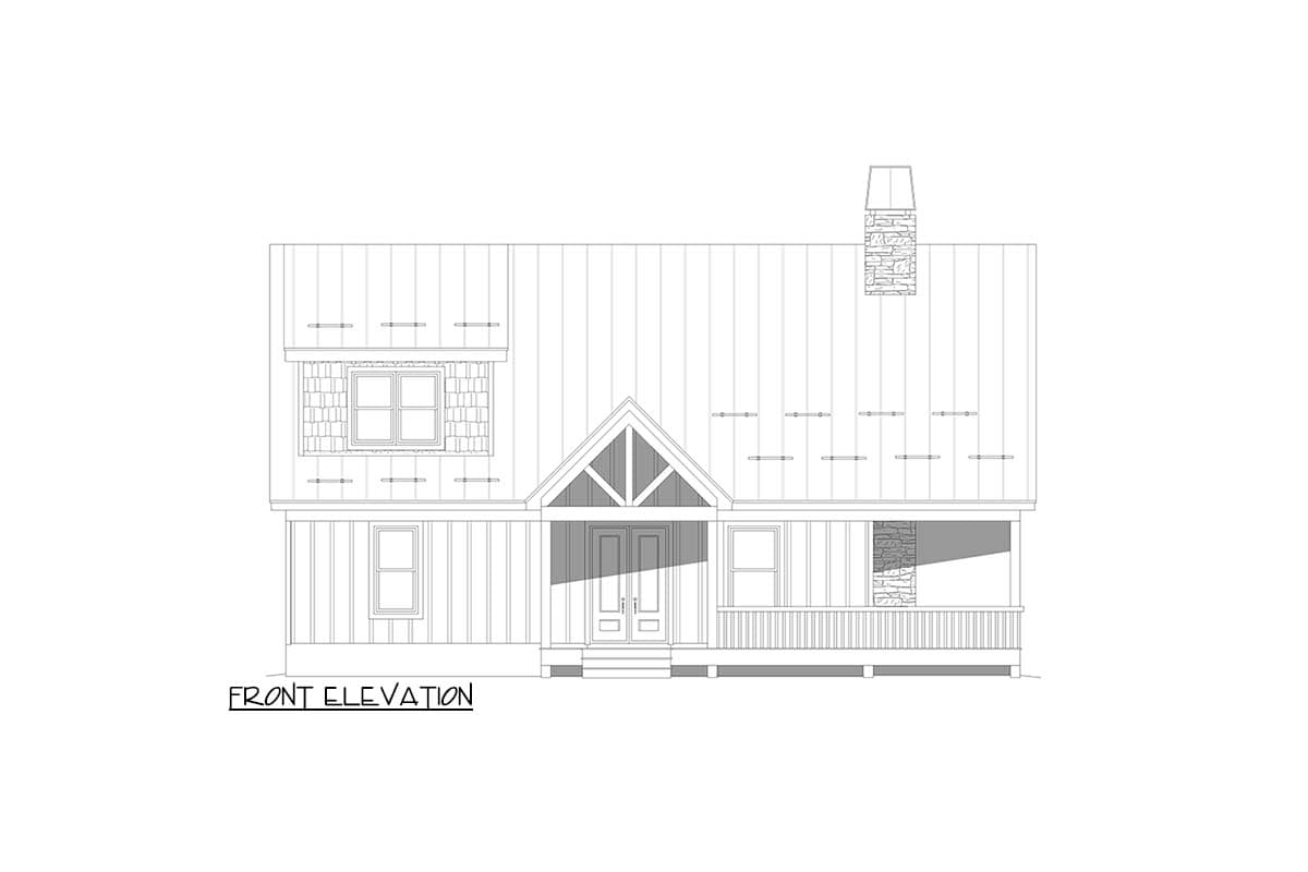 Front elevation drawing of a house plan with a gabled entryway, metal roof, stone chimney, and covered porch.