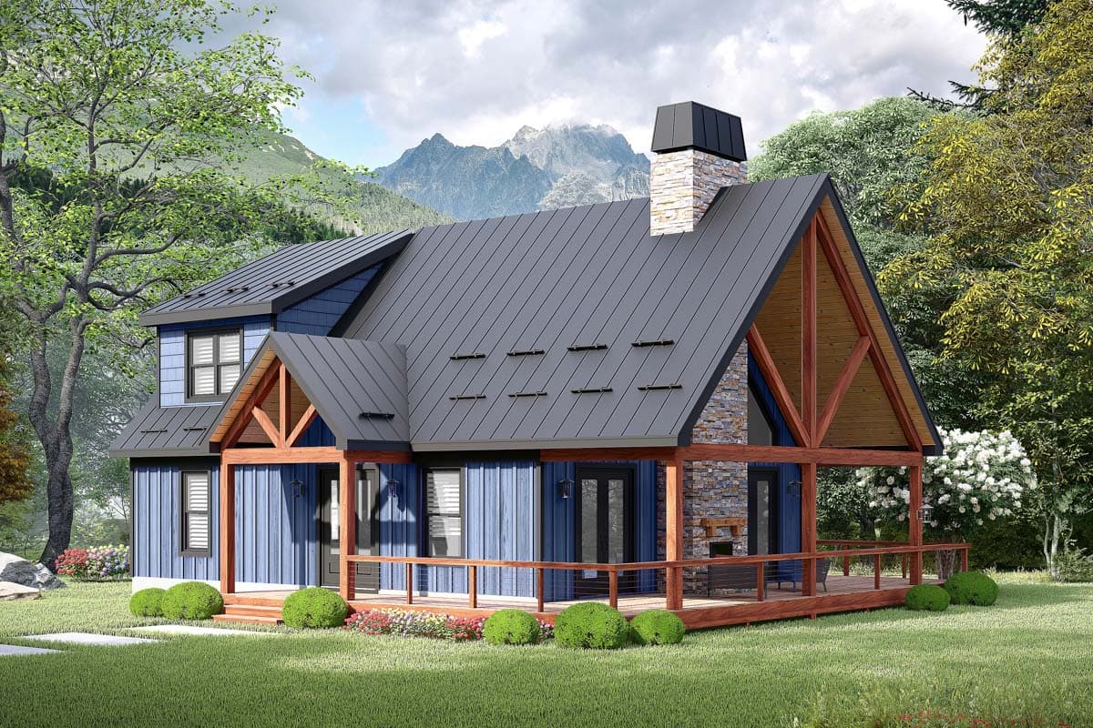 House plan exterior. Two-story Modern Farmhouse with a covered porch, gabled roof, and stone chimney. Features include a wooden beam entryway.