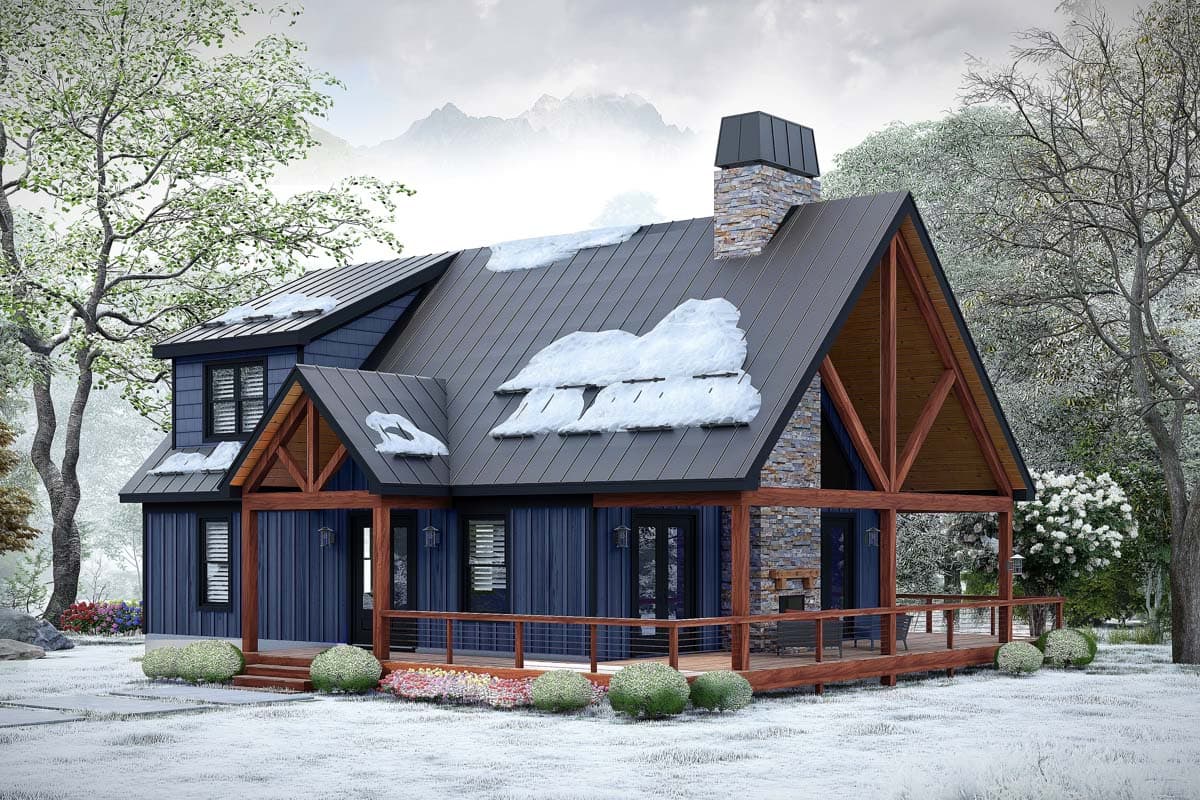 Modern A-frame house plan exterior with dark blue siding, stone chimney, covered porch, and gabled roof.
