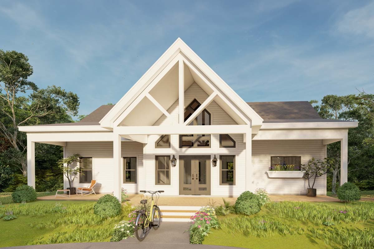 Modern Farmhouse house plan exterior with a steeply pitched gable roof, exposed rafters, covered porch, and multiple large windows.