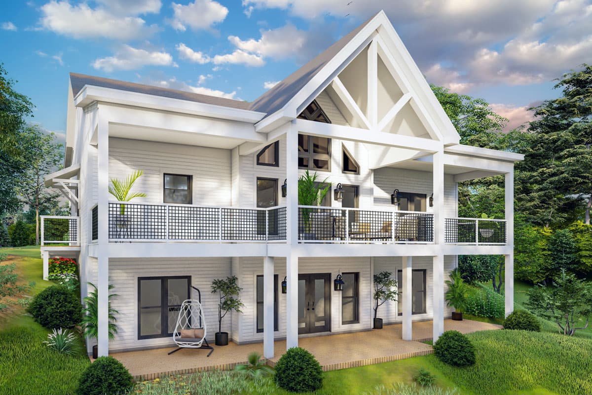 House plan exterior. Two-story Modern Farmhouse with gabled roof, balconies with black railings, and a front porch. Large window in the gable end.