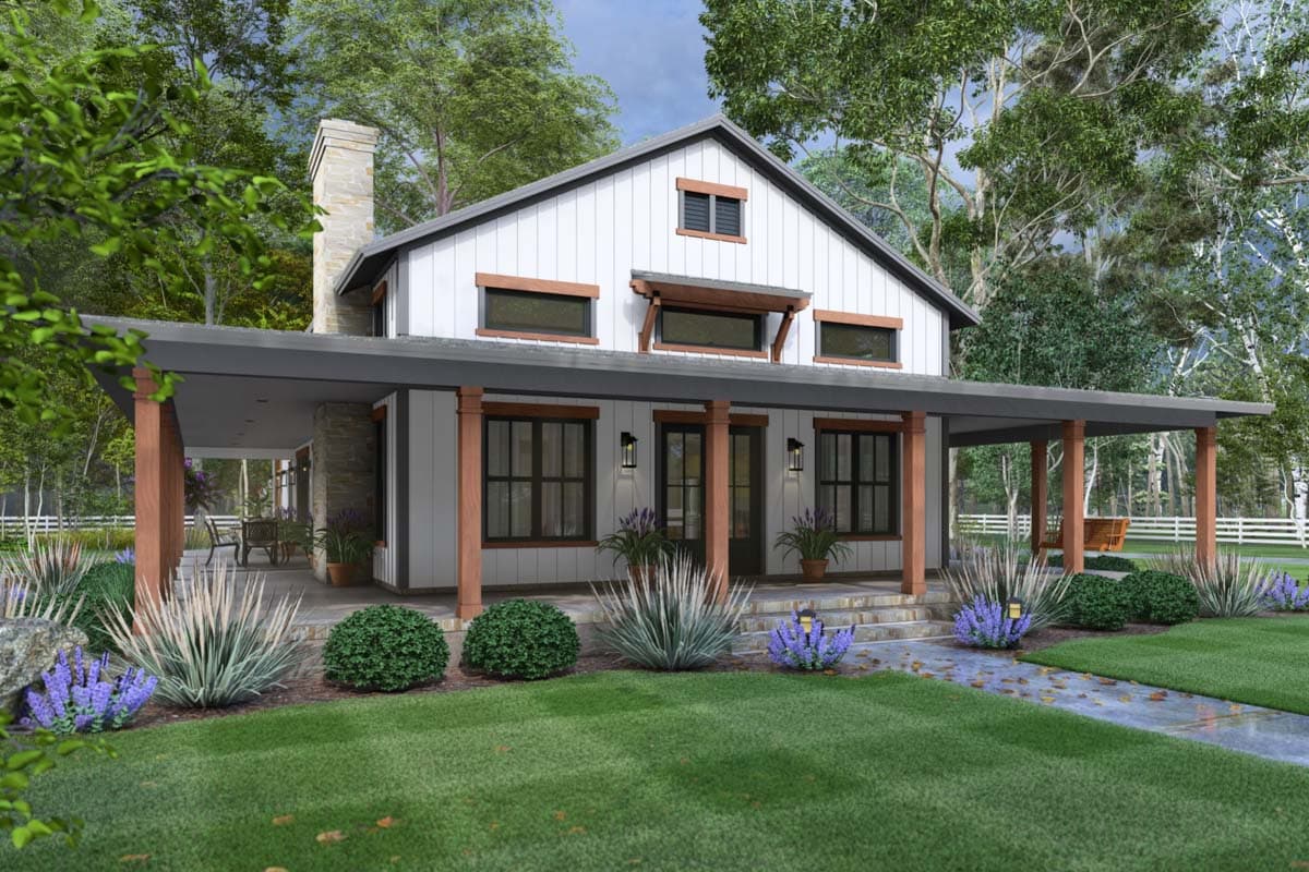 Modern Farmhouse house plan exterior with a deep covered porch, stone chimney, board-and-batten siding, and gabled dormers.