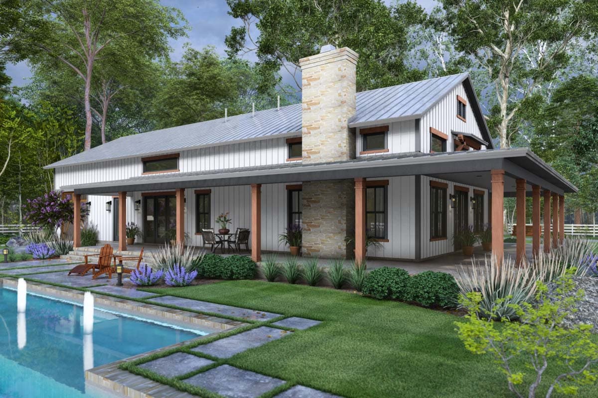 House plan exterior. Modern farmhouse style with porch, stone chimney, and metal roof. Features include gables and exposed wood columns.