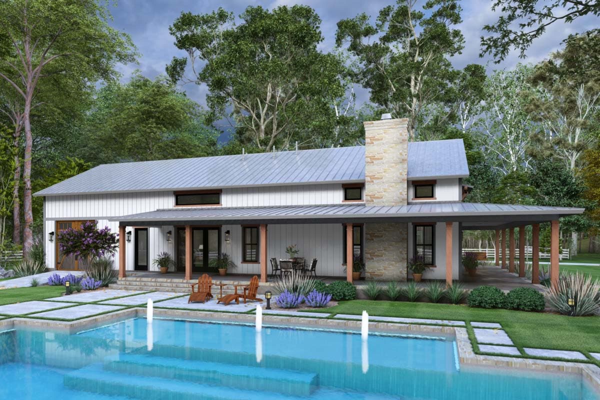 Modern farmhouse house plan exterior with metal roof, board and batten siding, covered porch, and stone chimney.