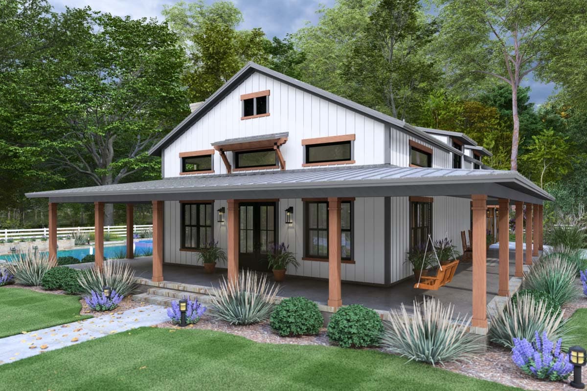 Modern farmhouse house plan exterior with wide wrap-around porch, metal roof, gables, and multiple dormers.