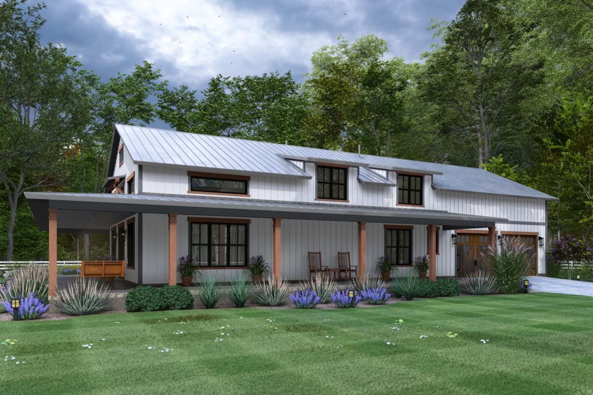 Modern farmhouse house plan exterior with gabled roof, wraparound porch, dormers, and attached garage.