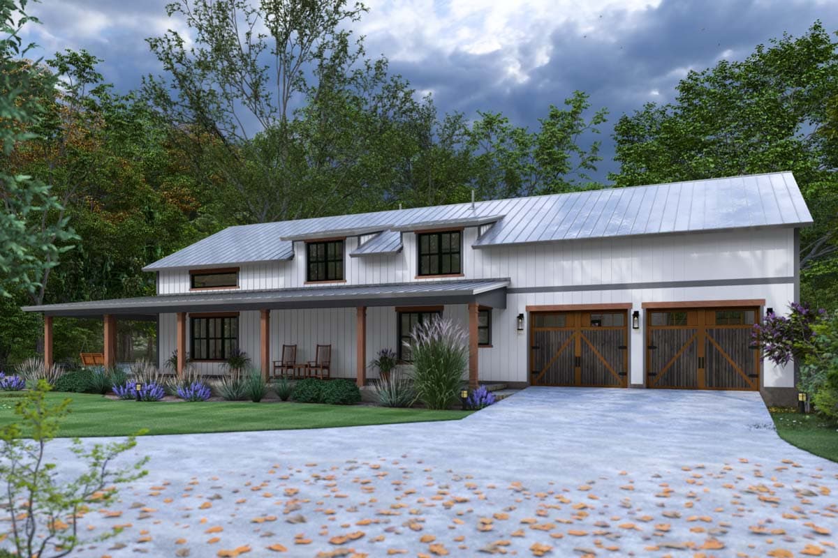 Modern Farmhouse house plan exterior with wraparound porch, metal roof, dormers, and a three-car garage.