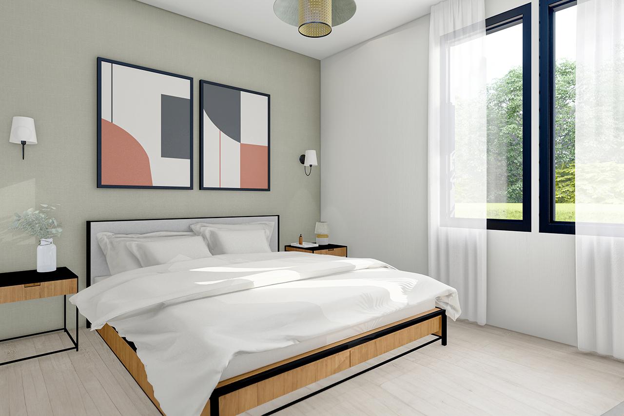 Bedroom rendering with bed, abstract wall art, nightstand, and large window with sheer curtains.