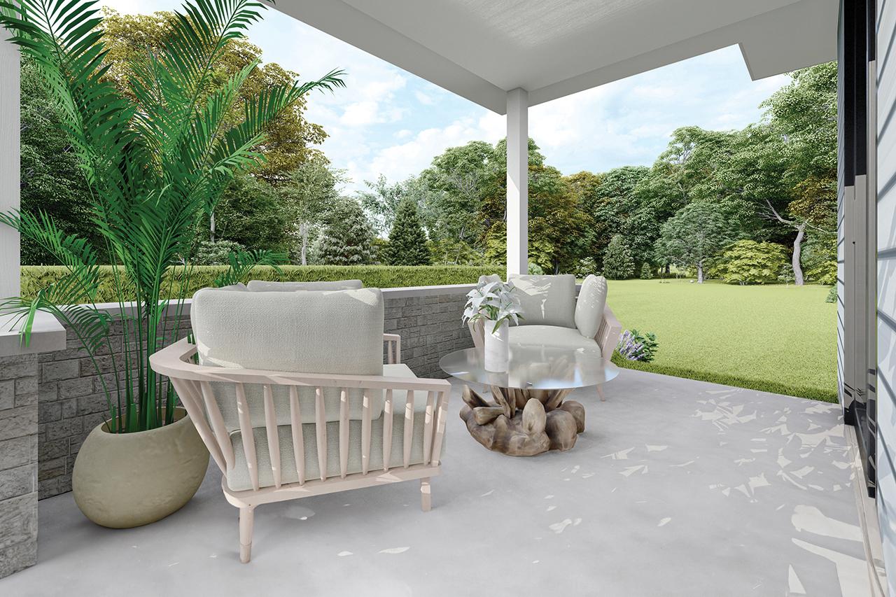House plan exterior rendering showing a covered porch with seating and a view of a manicured lawn.