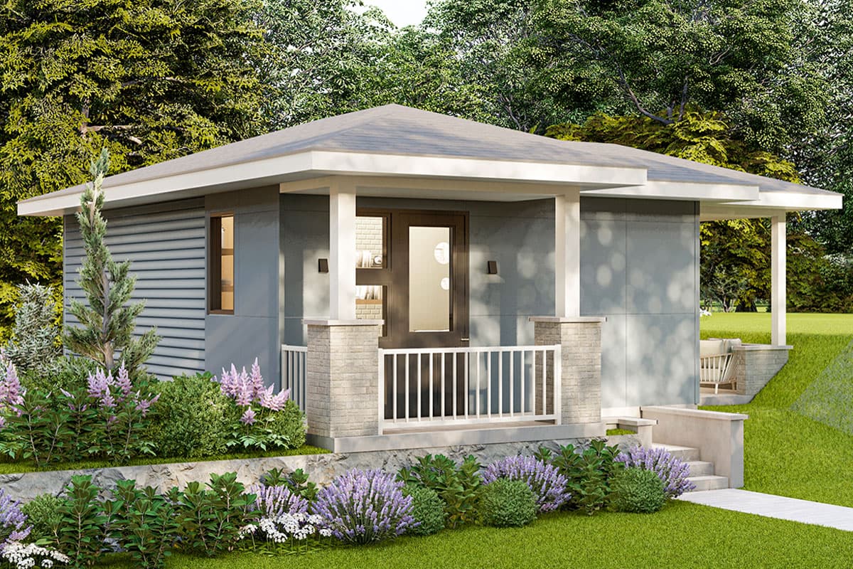 House plan exterior: Modern single-story home with a covered entry porch, stone-clad columns, and horizontal siding.