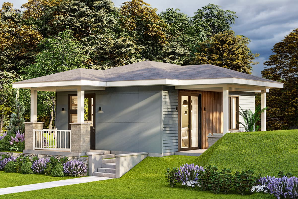House plan exterior. Modern style, single story. Features include covered porch with columns, a low-pitched roof, and large windows.