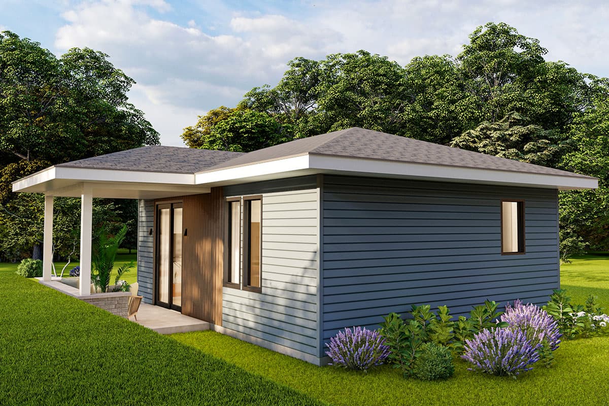 House plan exterior: single-story modern home with covered porch, horizontal siding, and prominent rooflines.