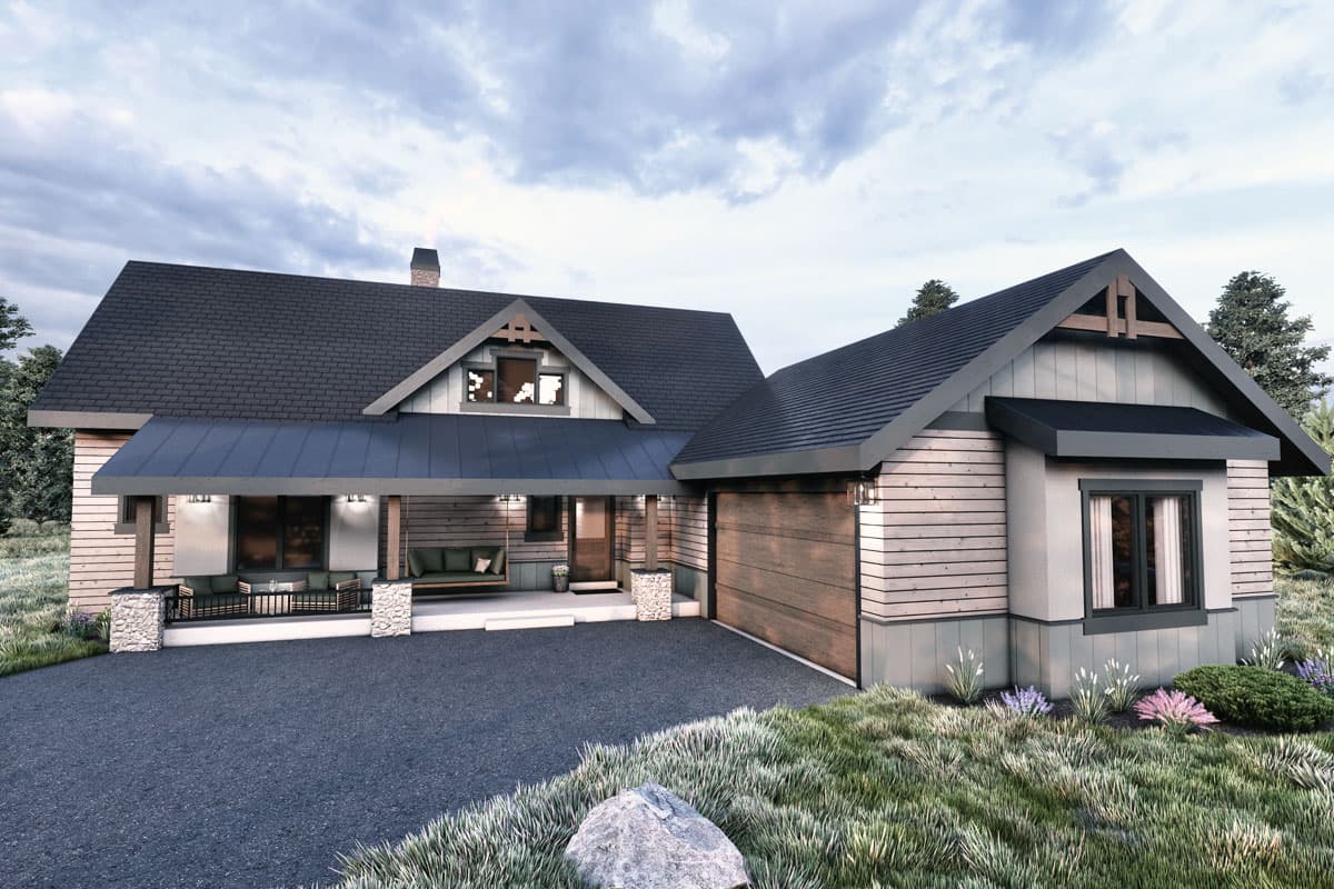 House plan exterior. Craftsman style, one-story house with a covered porch, gabled roof, and attached garage with a wood door.