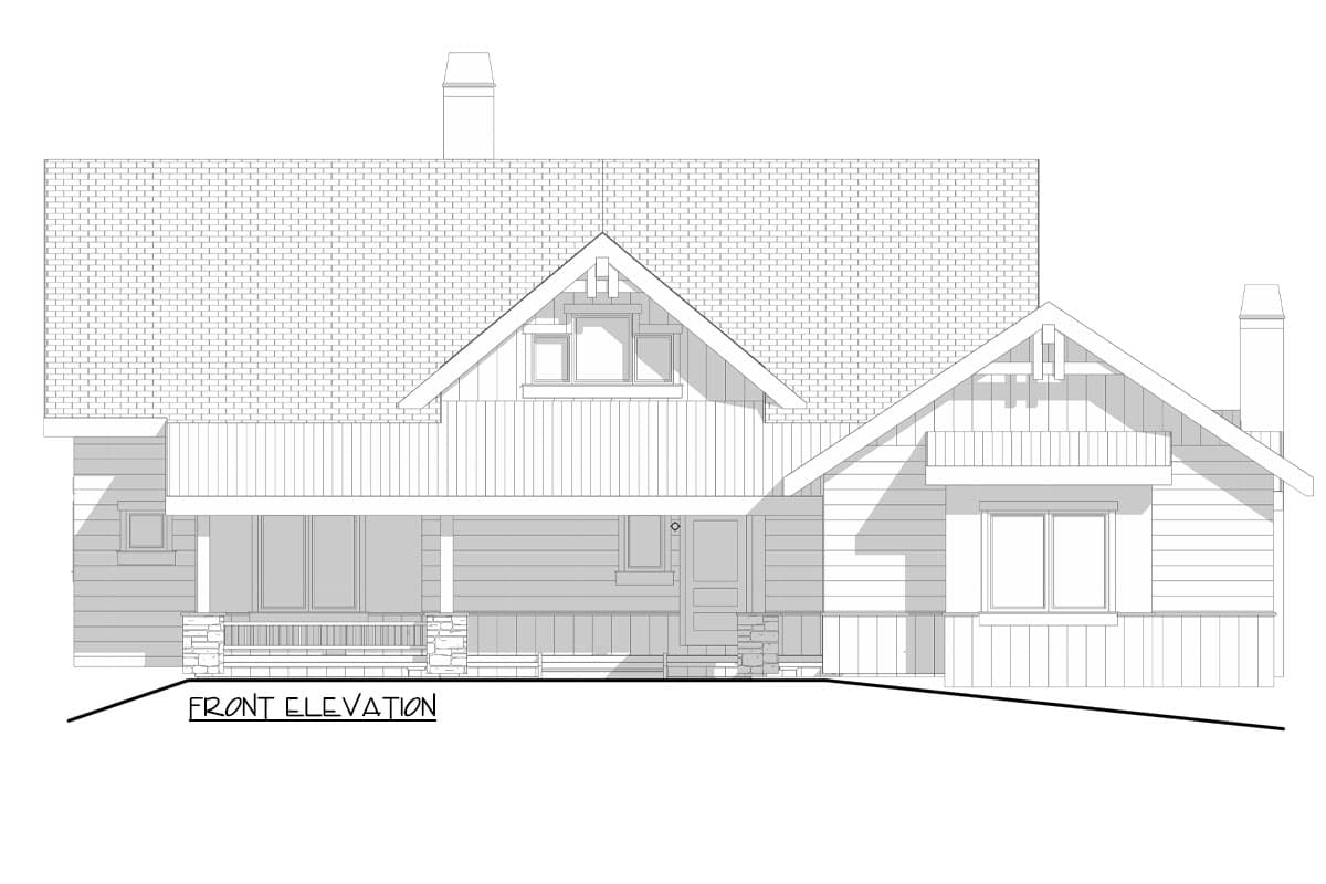 Front elevation drawing of a two-story house plan with a covered porch, gable rooflines, and a prominent chimney.