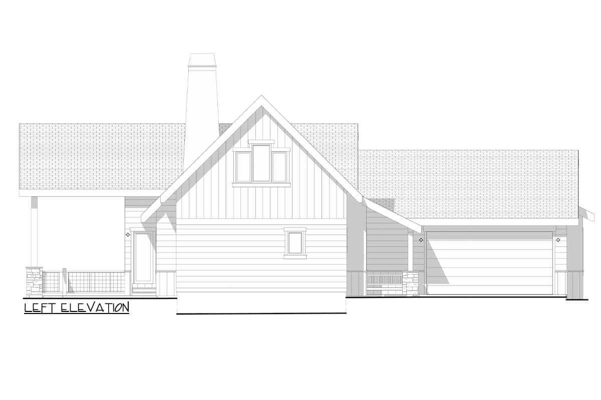Left elevation house plan with gabled dormer, brick chimney, covered porch, and attached garage.
