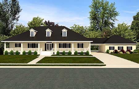 Ranch house plan exterior with a full-width covered porch, three dormers, and an attached porte-cochere leading to a garage.