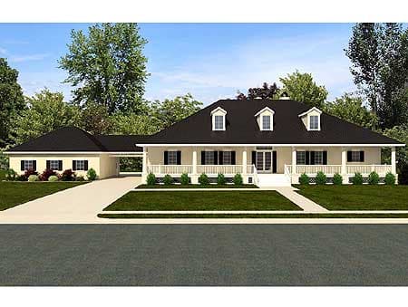 House plan exterior: Ranch-style, one-story home with a full-length covered porch, dormers, and attached carport.