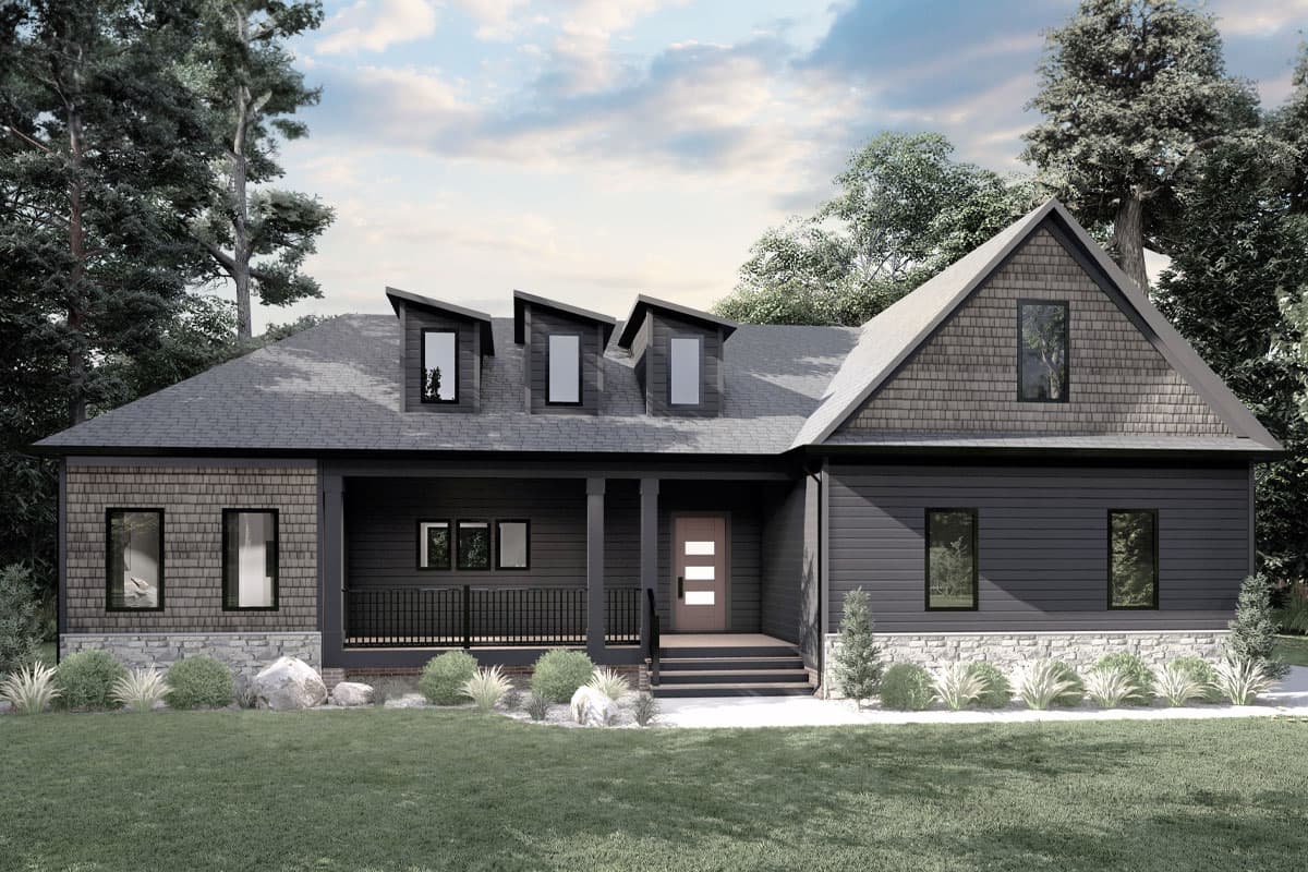 House plan exterior. Modern farmhouse style with dormers, a front porch, and a gable roof. Features include shake siding and a prominent entry.