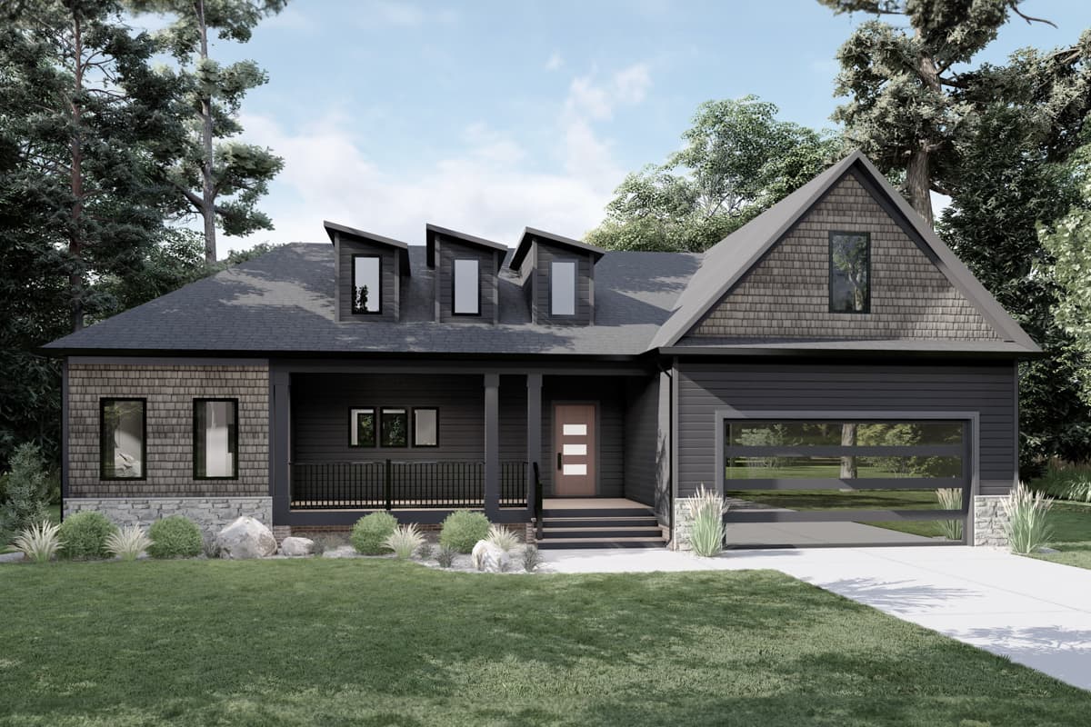 House plan exterior: Modern style, single-story with covered porch, three asymmetric dormers, stone accents, and a glass garage door.