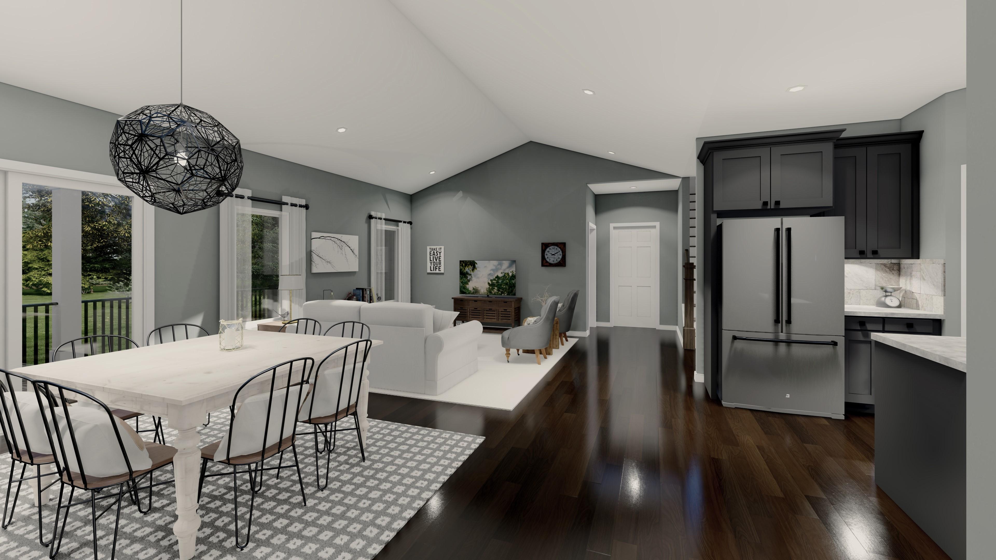 Open concept living, dining, and kitchen area with vaulted ceiling, modern lighting, island, and dark wood floors.