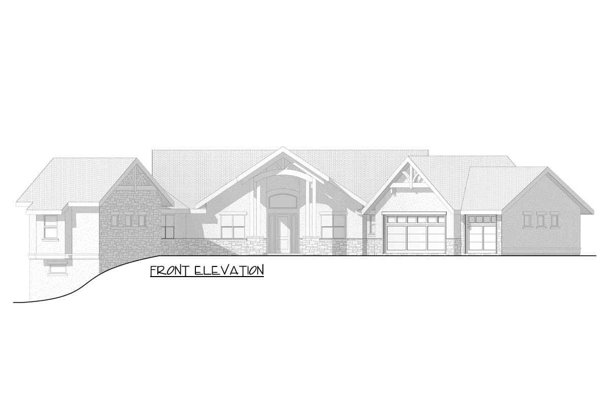 Front elevation drawing of a house with a covered entry, multiple gables, stone accents, and a three-car garage.
