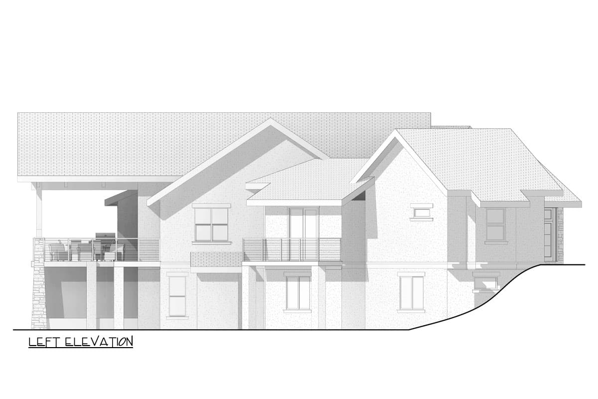 Left elevation of a house plan showing a covered patio with grill, multiple gables, balconies, and varied window styles.