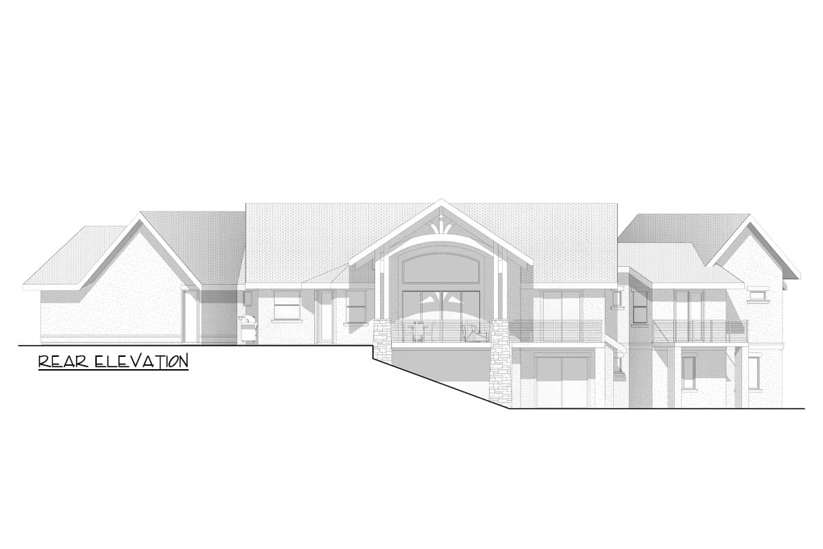 Rear elevation drawing of a multi-level house with gabled roofs, large windows, and balconies.