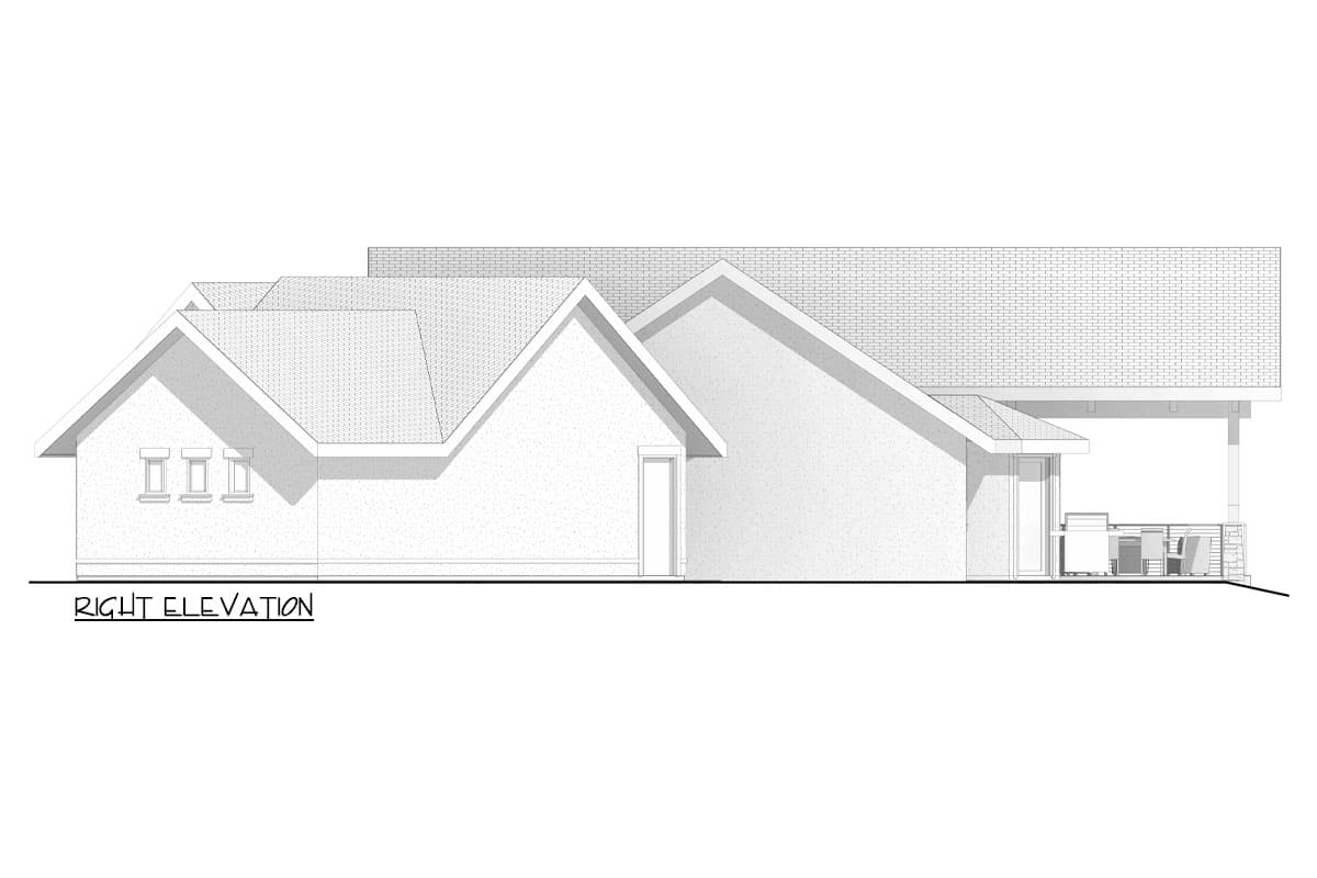 Right elevation house plan showing multiple gables, triple windows, and a covered patio with furniture.