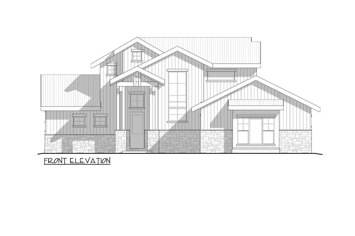 Front elevation drawing of a two-story house with stone base, gables, dormers, and covered entry.