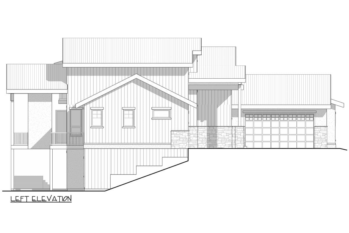 Left elevation drawing of a multi-story house plan featuring a covered porch, gabled roof, stone accents, and attached garage.