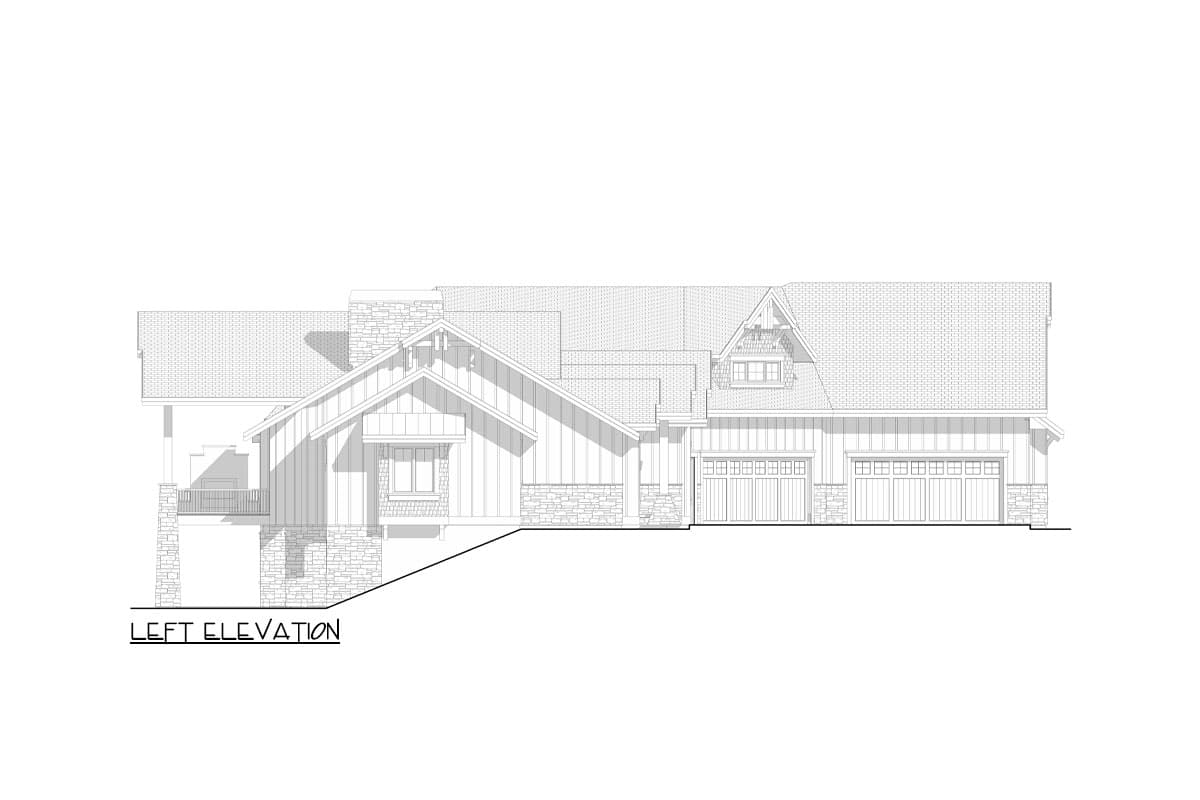 Left elevation house plan, featuring multiple gables, stone accents, and a three-car garage.